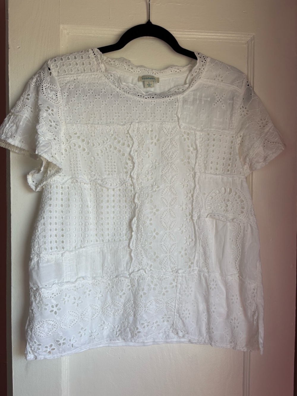 Sundance White Patchwork Eyelet Lace Short Sleeve Blouse Large
